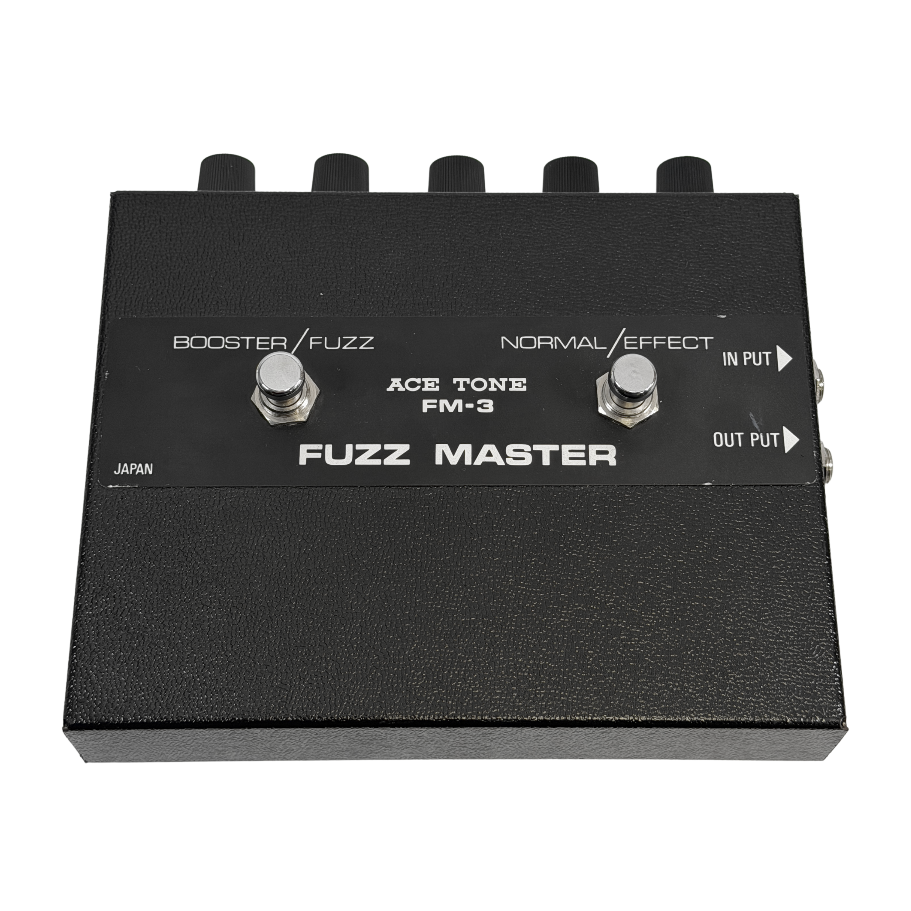 A black Fuzz Master FM-3 guitar effects pedal with dual footswitches and white text labels, photographed on a clean white background.