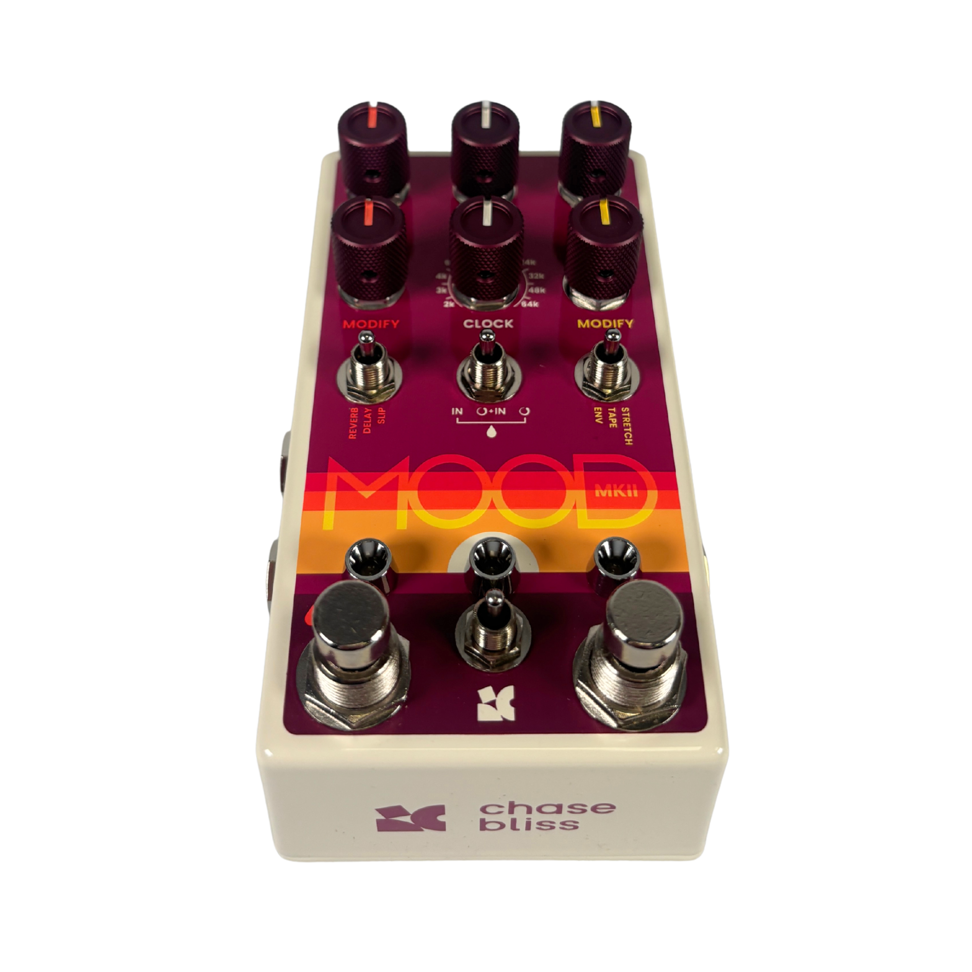 Guitar effects pedal with 'MOOD' and 'Chase Bliss' branding on a white background