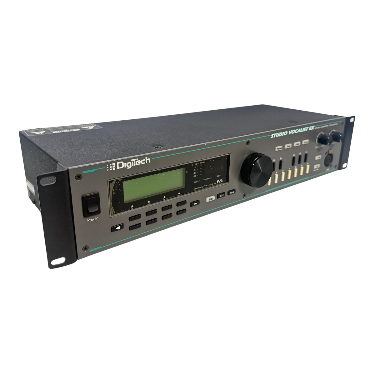A Digitech Studio Vocal ex audio processor in a black 1U rack-mount enclosure, featuring a front display screen, control knobs, and input/output jacks on a white background.