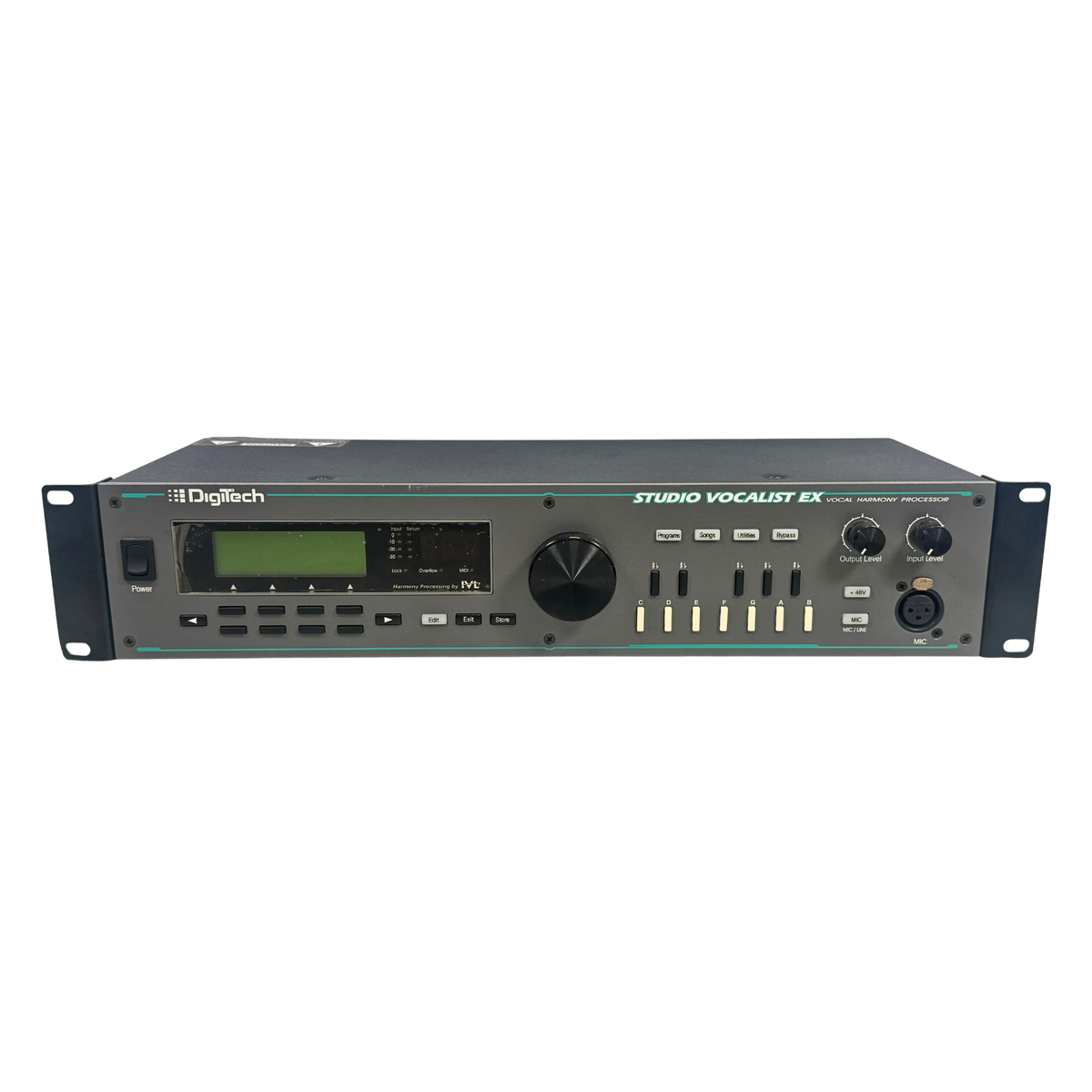 A DigTech Studio Vocalist EX audio processing device in a black 19-inch rack mount enclosure, featuring a front panel with a green display screen, rotary knobs, faders, and buttons.