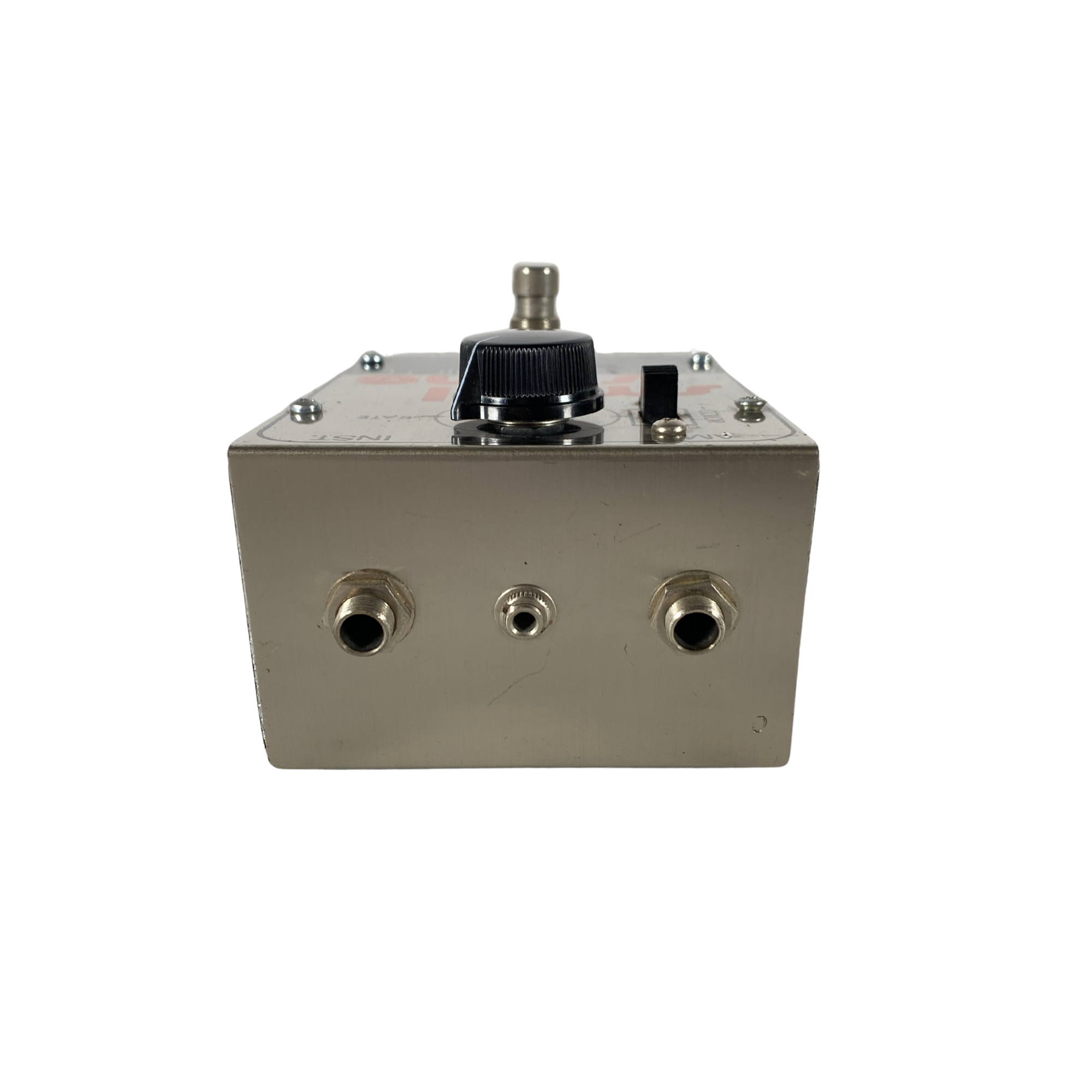 Metallic box with cylindrical component and three ports on a white background