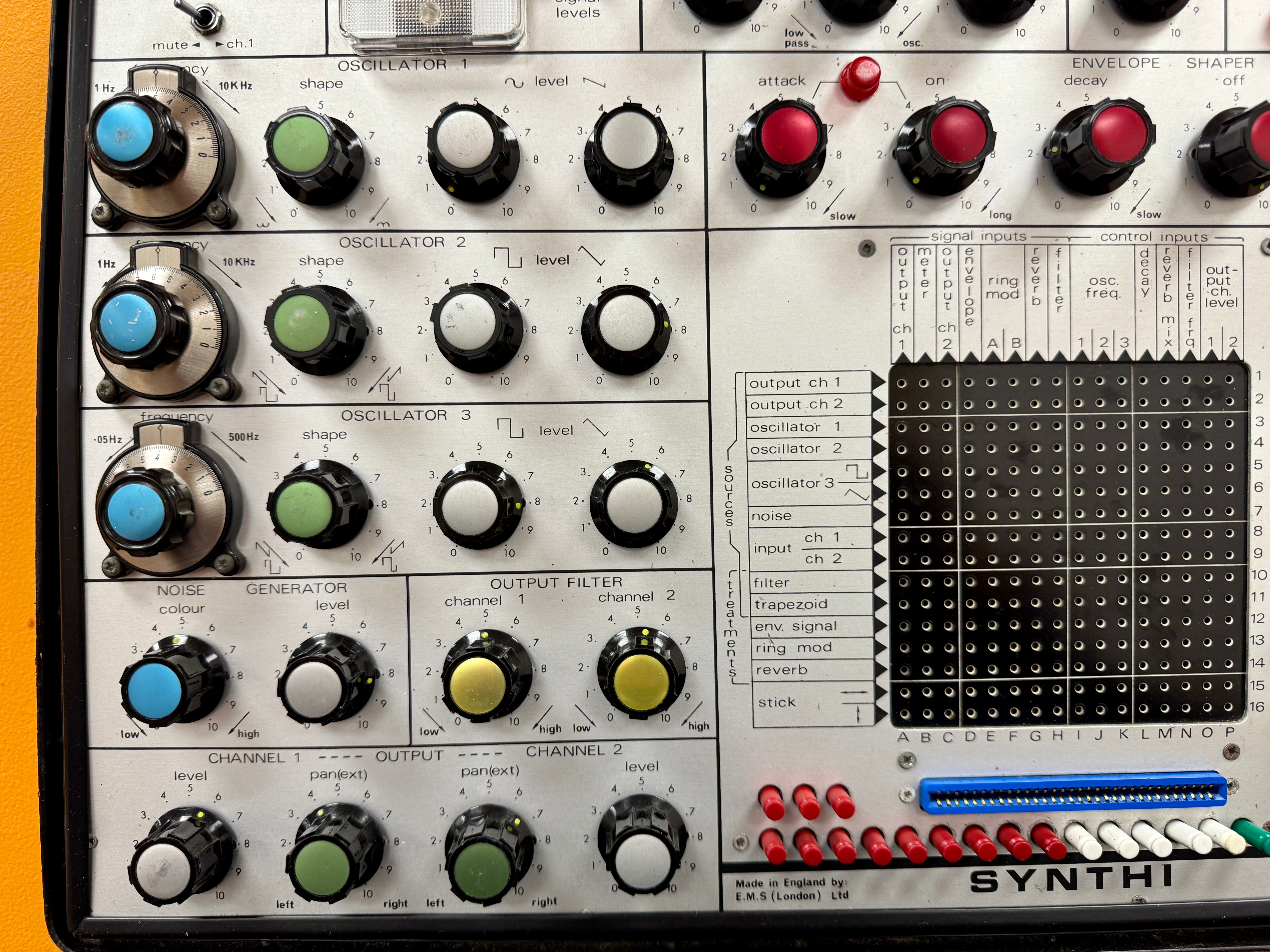 Close-up of a synthesizer with control knobs and display