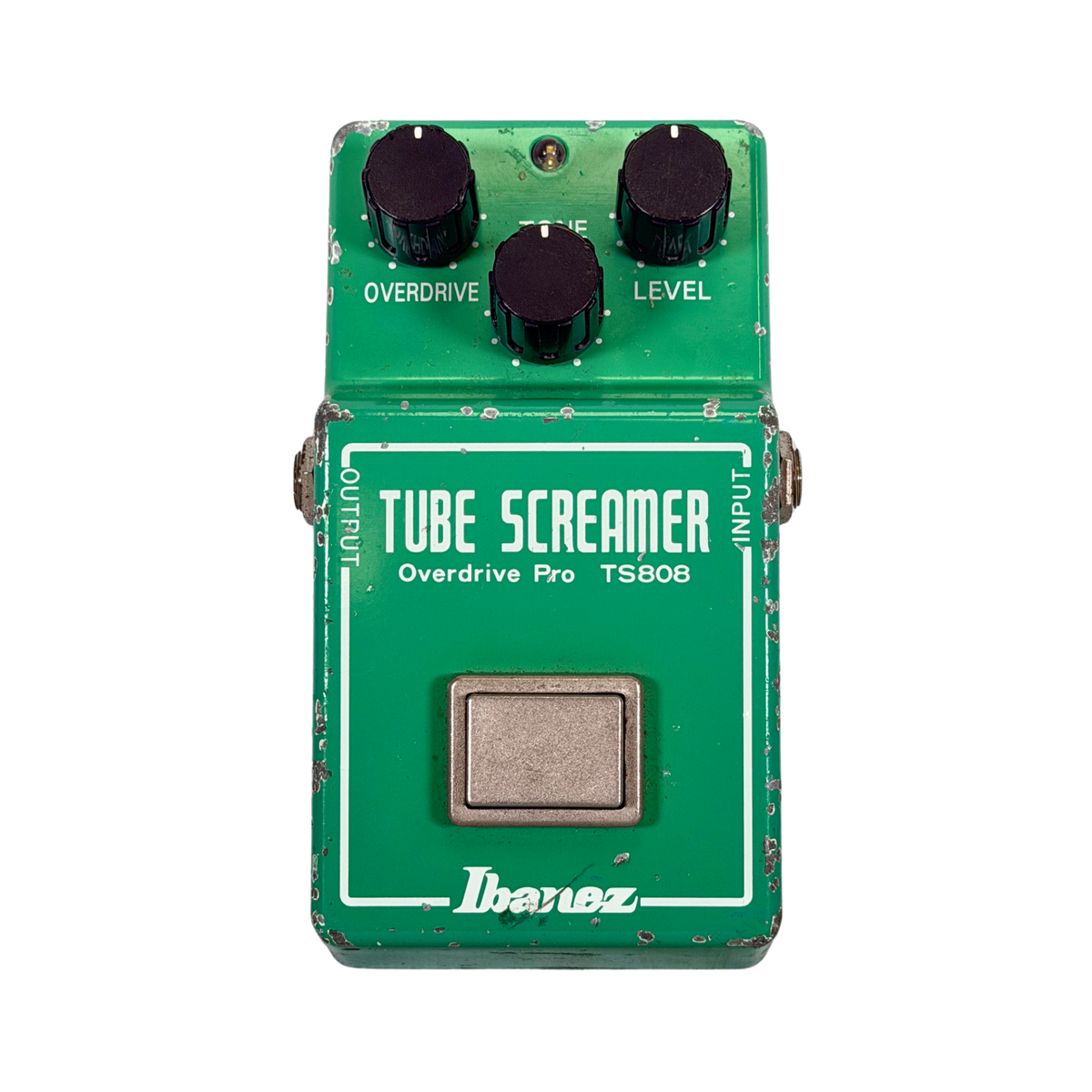 Ibanez Tube Screamer TS808 overdrive guitar pedal in green with black knobs and white text, shown on a white background.