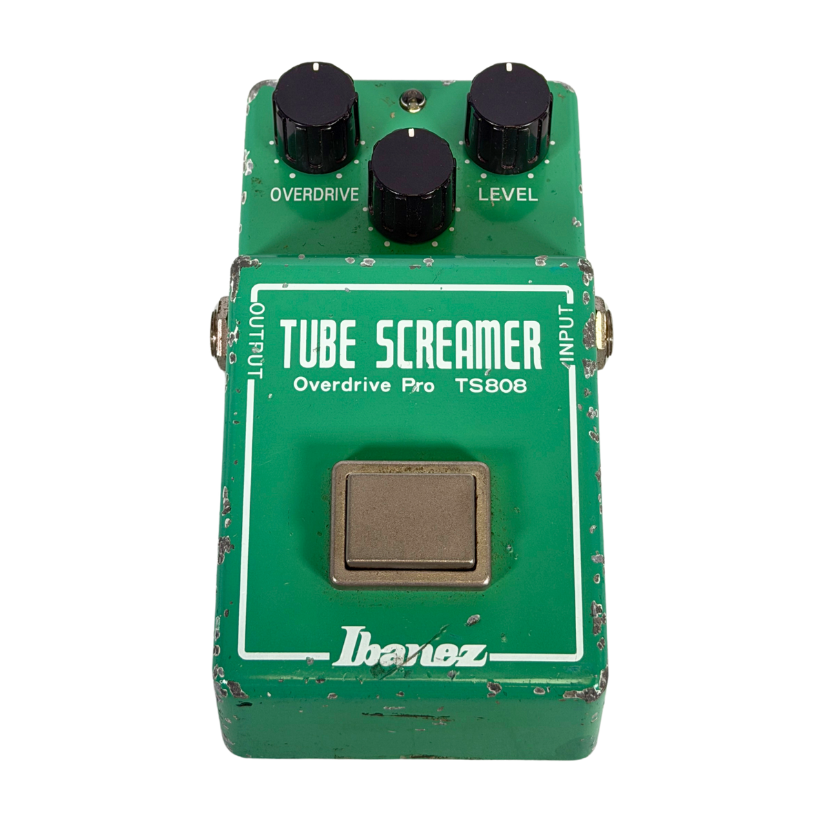 An Ibanez TS808 Tube Screamer Overdrive Pro guitar effects pedal, featuring a green metal casing with black knobs, white text, and a central footswitch, shown on a plain white background.