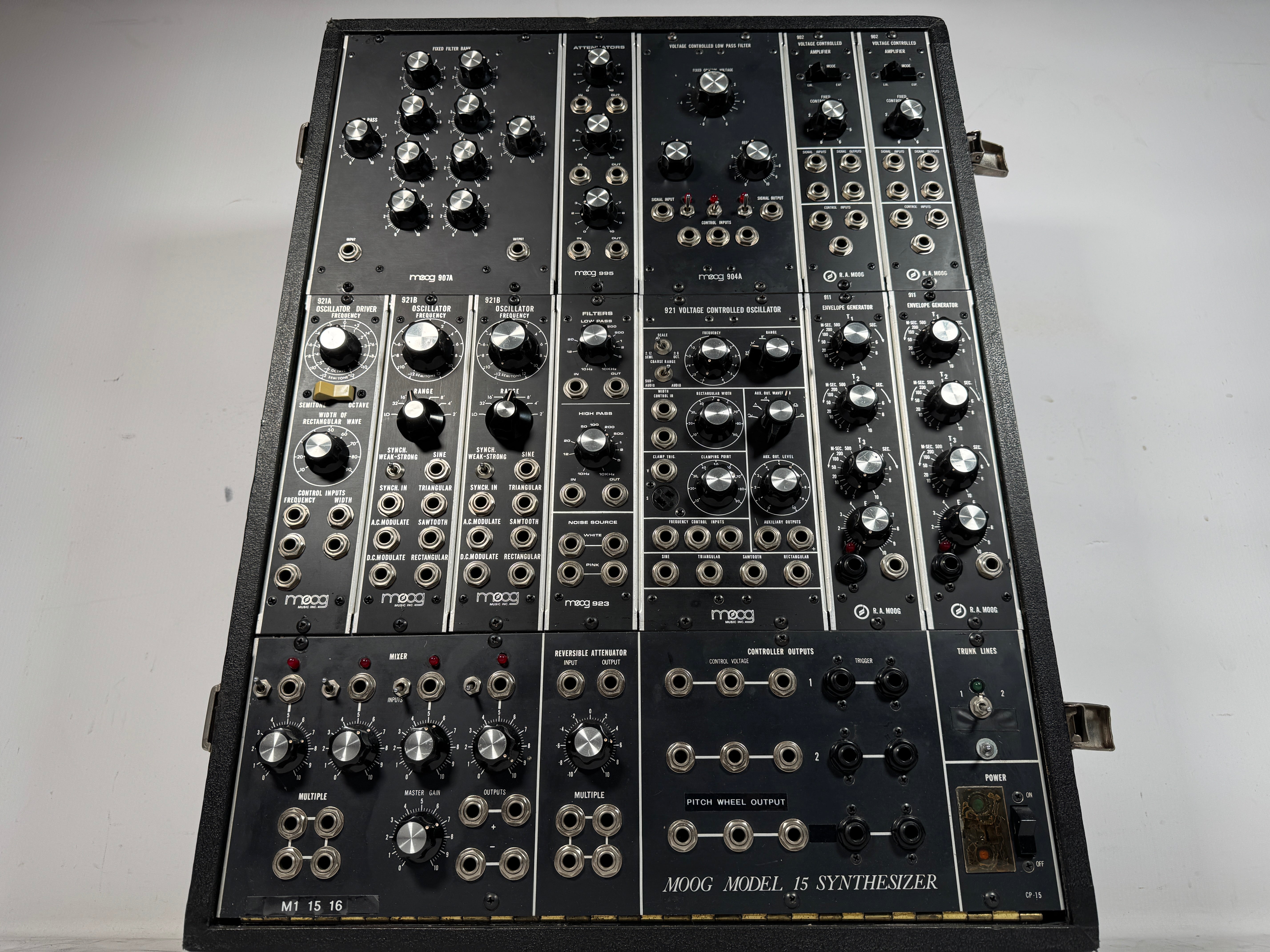 Vintage Moog Model D synthesizer on a white background