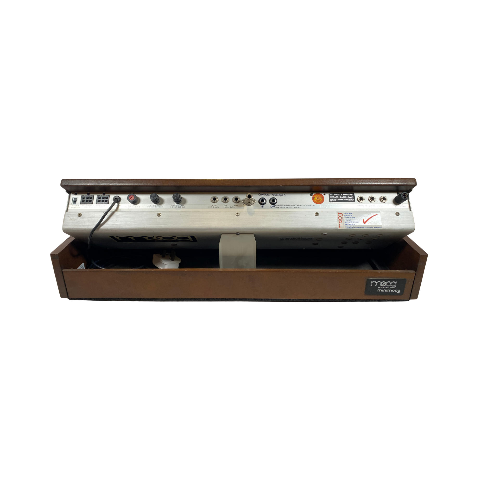 Vintage electronic keyboard with a wooden case on a white background