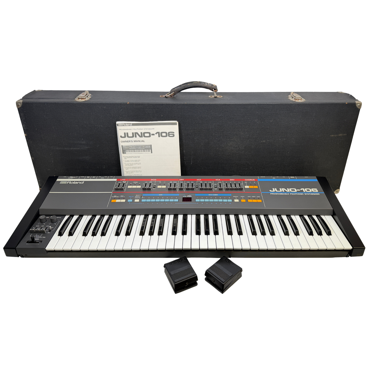 An Roland Juno-106 synthesizer keyboard shown with its open black carrying case and two black accessory cases on a plain white background.