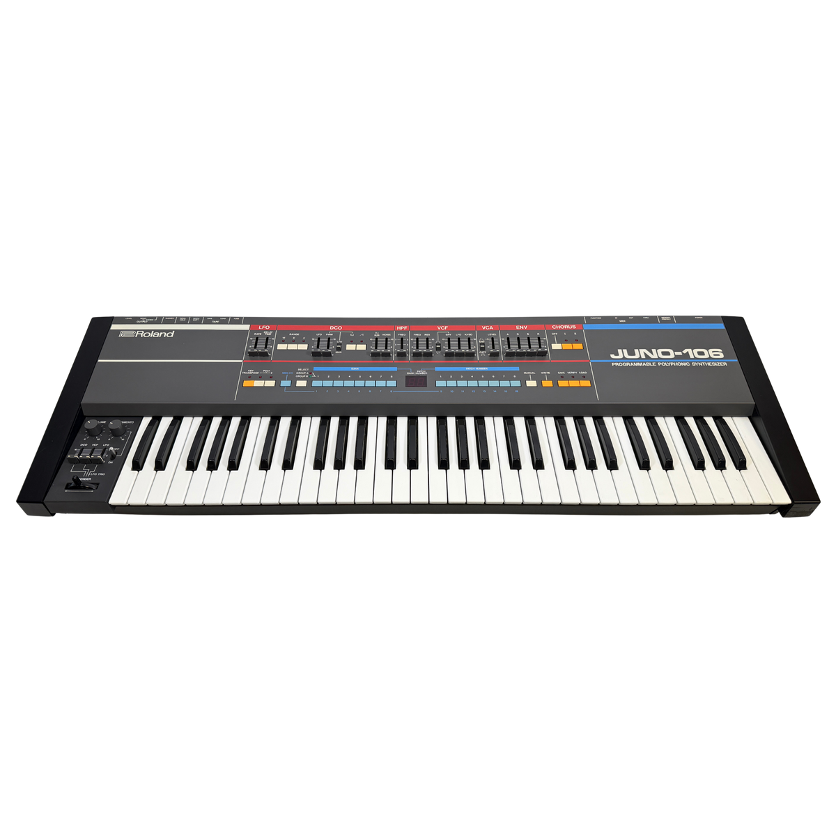 An Roland Juno-106 synthesizer keyboard shown from a straight-on perspective against a solid white background.