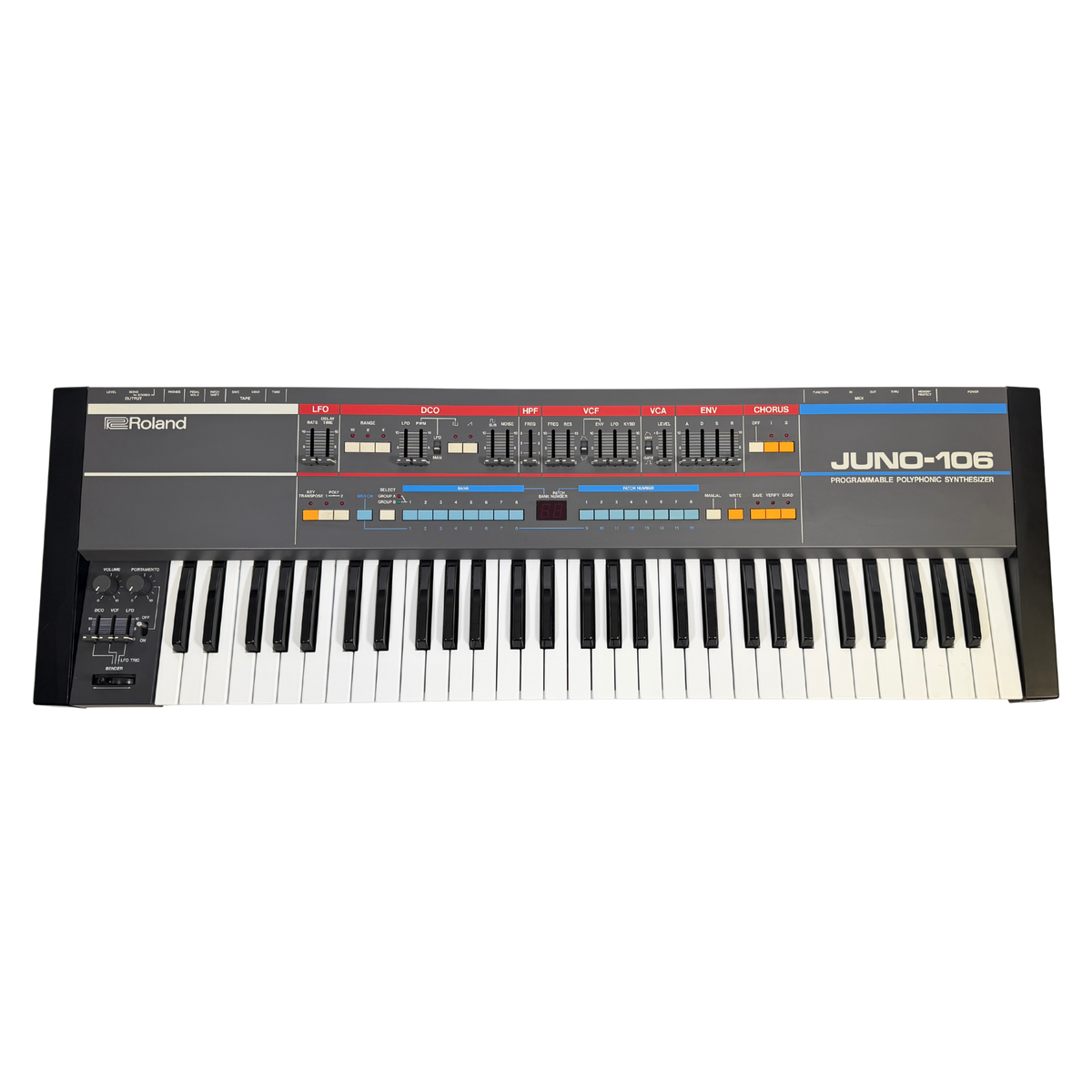 Roland JUNO-106 synthesizer keyboard in dark gray with black and white keys, featuring a colorful control panel with sliders, knobs, and buttons.
