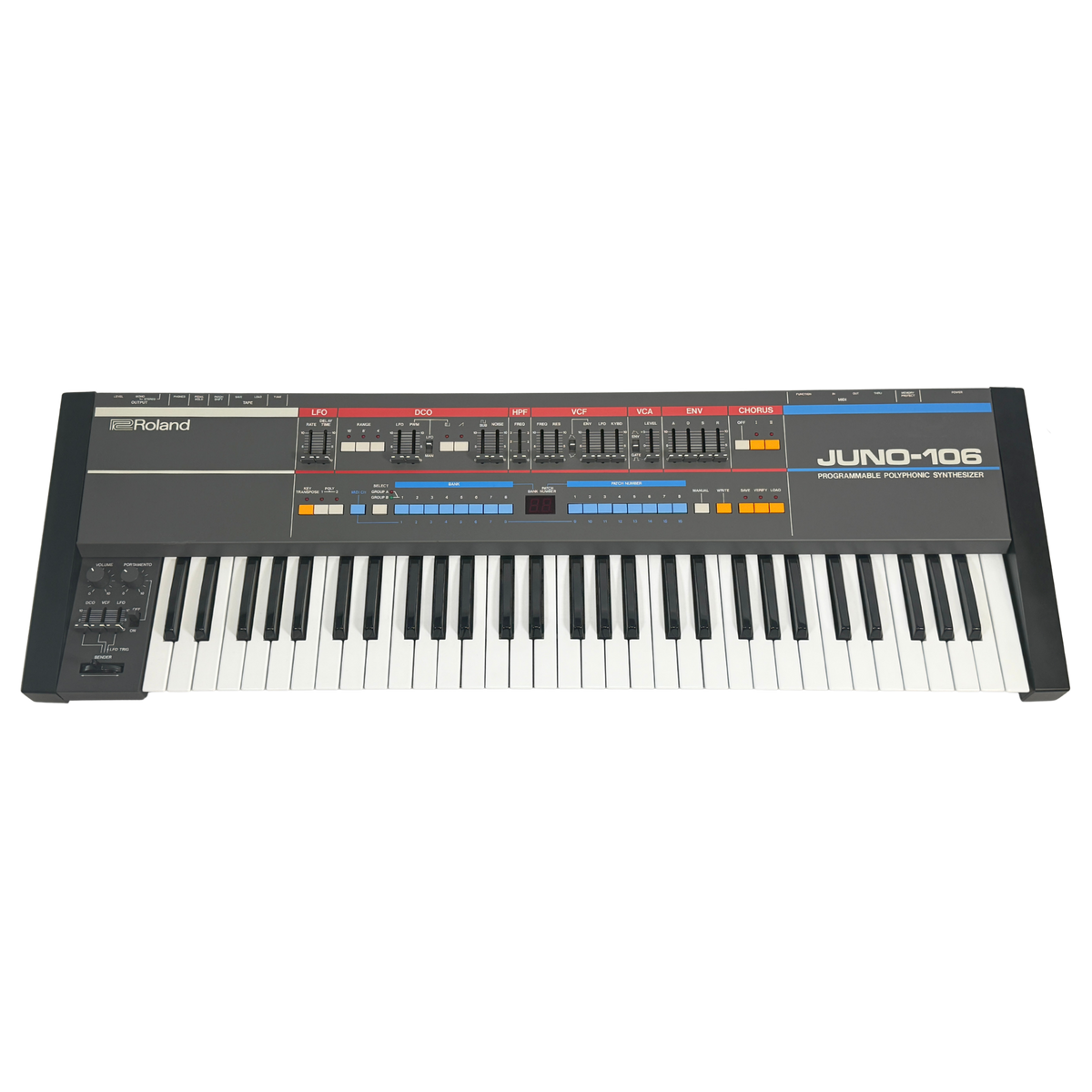 A Roland Juno-106 synthesizer keyboard shown from a front-facing angle against a plain white background.