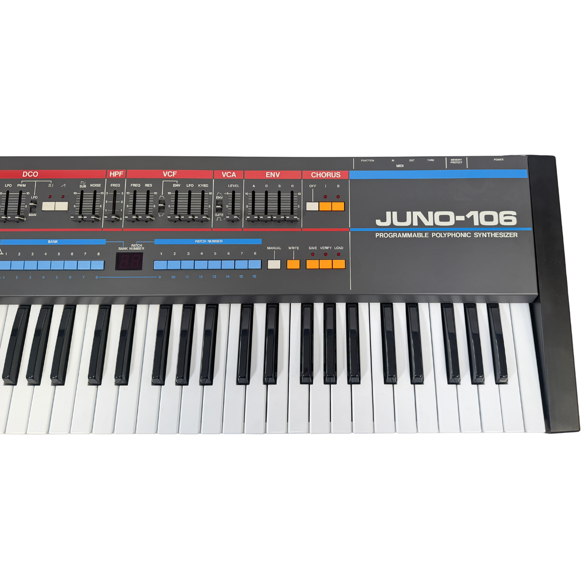 A Juno-106 programmable polyphonic synthesizer keyboard, photographed from a high angle against a solid white background.