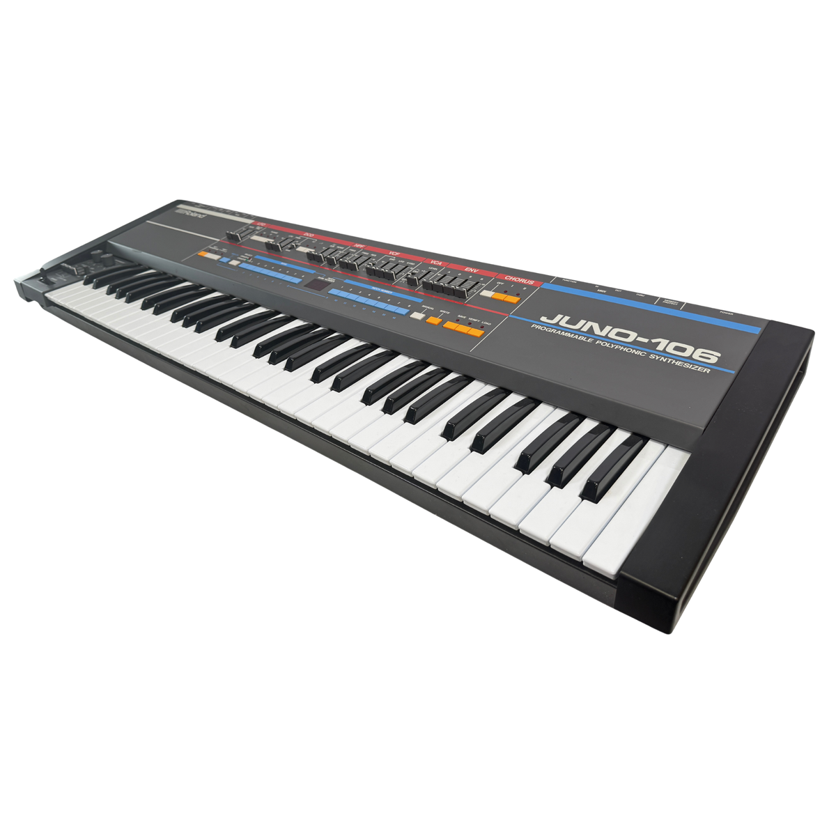 A Juno-106 synthesizer keyboard instrument shown at an angle on a plain white background.