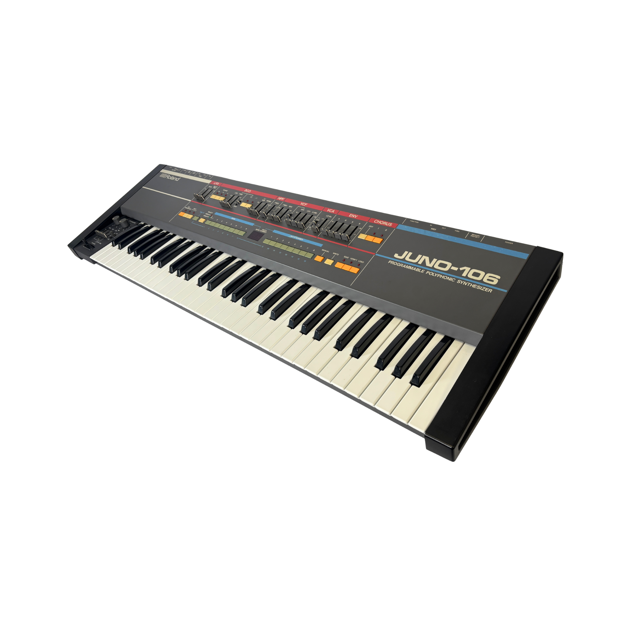 Keyboard with 'Juno-106' branding on a white background