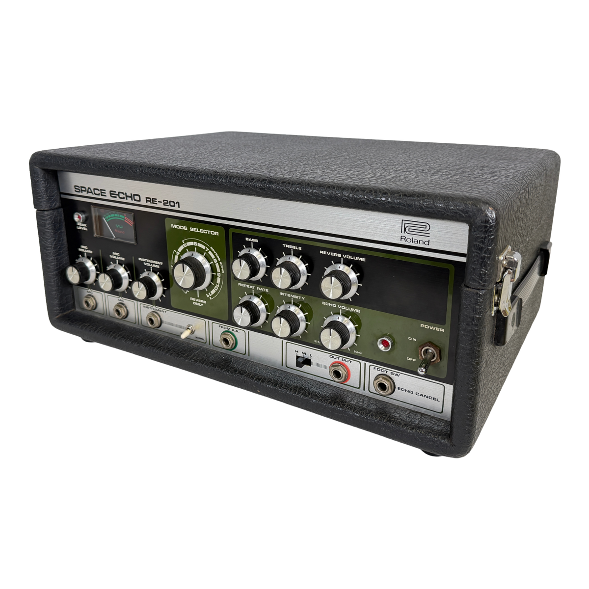 A Roland Space Echo RE-201 multi-effects guitar amplifier, shown at a three-quarter angle on a plain white background. The unit features a black textured exterior, a silver front faceplate, and a dark green control panel with multiple white rotary knobs.