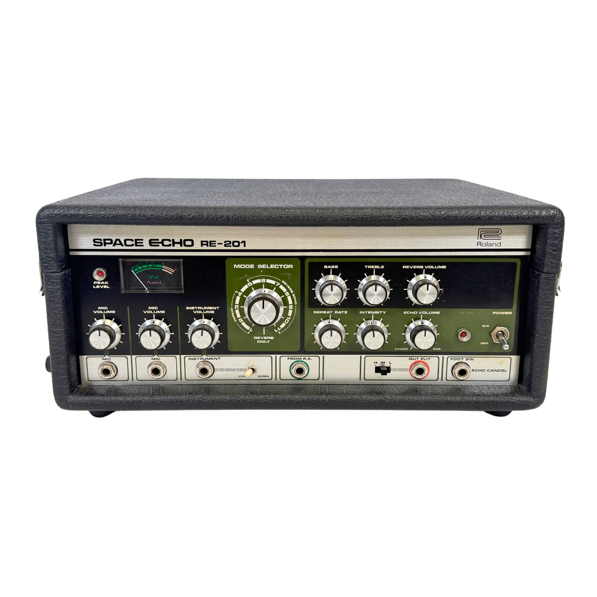 A vintage Space Echo RE-201 multi-effects guitar amplifier, featuring a black textured cabinet, a dark green front panel with white dials, and silver metal accents, shown against a plain white background.