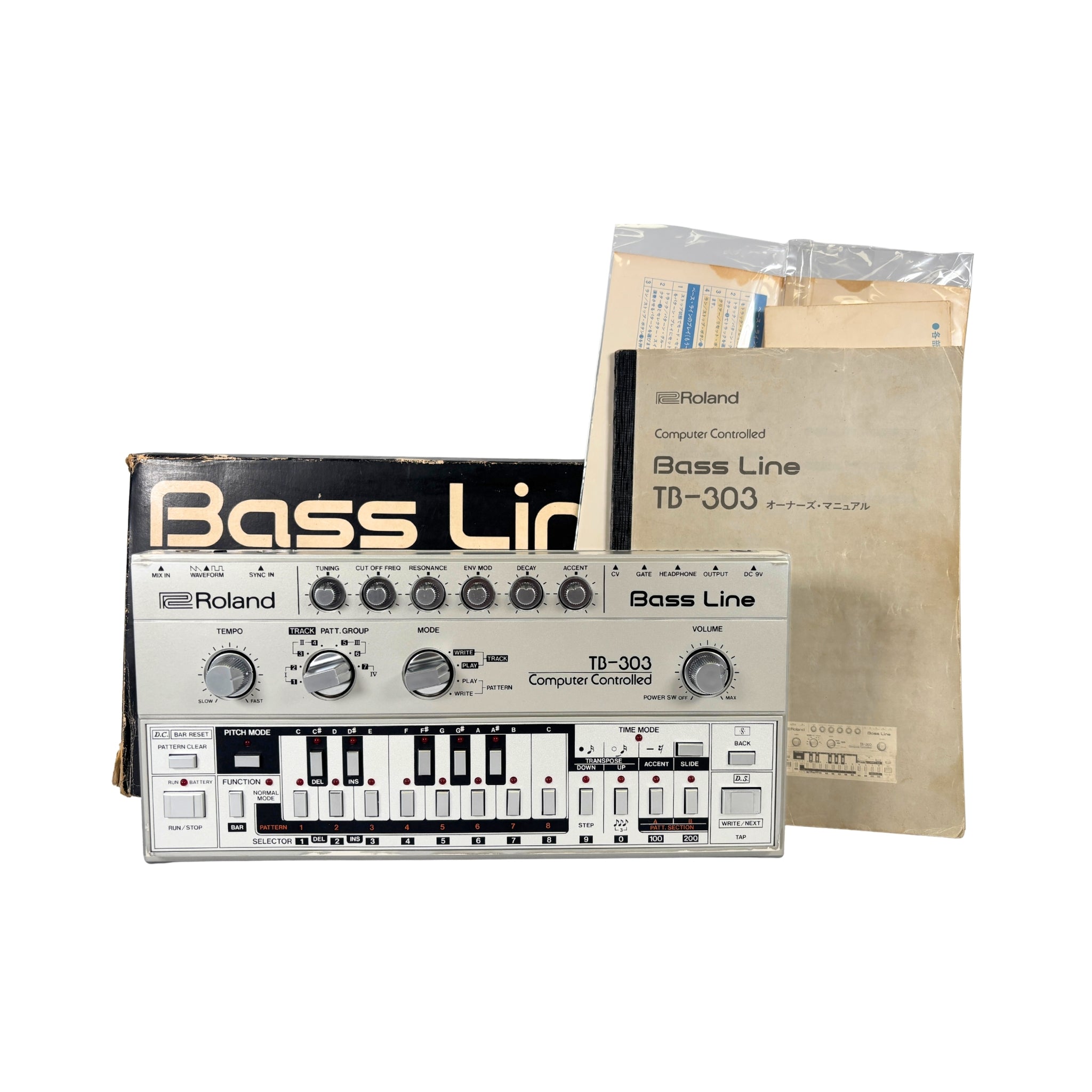 Roland Bass Line TB-303 synthesizer with packaging on a white background