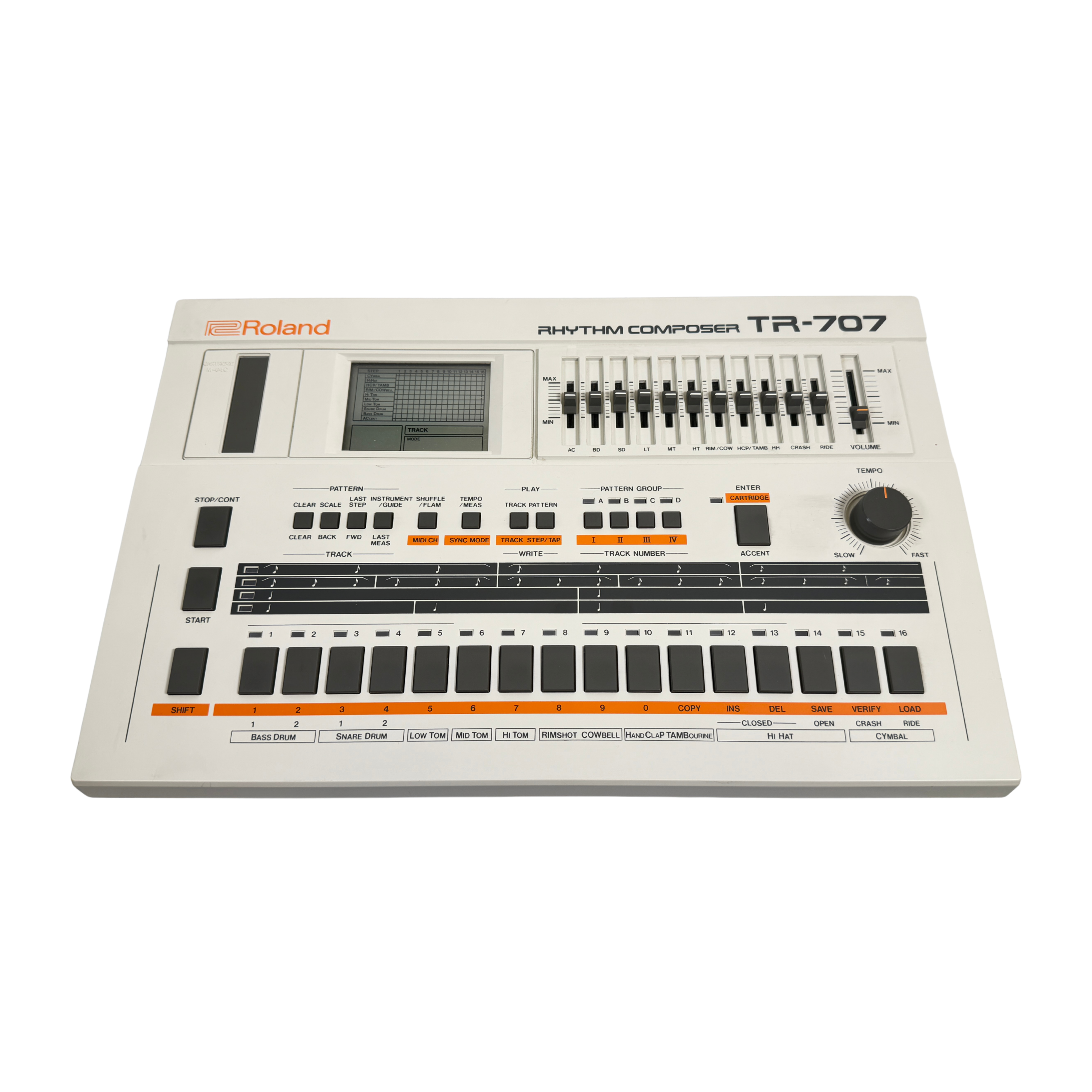 Roland Rhythm Composer TR-707 electronic music production device in cream with black and orange accents, photographed on a white background.