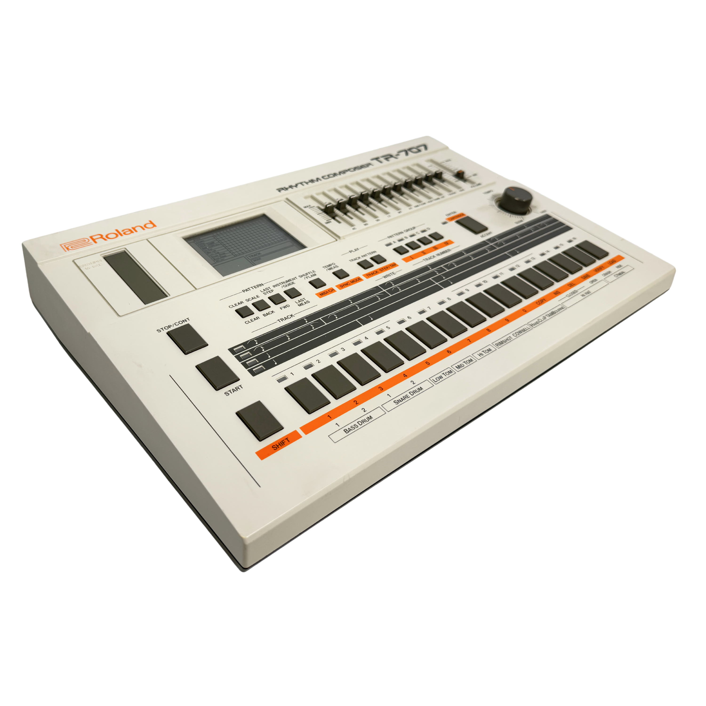 A Roland TR-107 drum machine sampler with a cream-colored plastic body, black and gray controls, orange accent lines, and a small screen, shown on a plain white background.