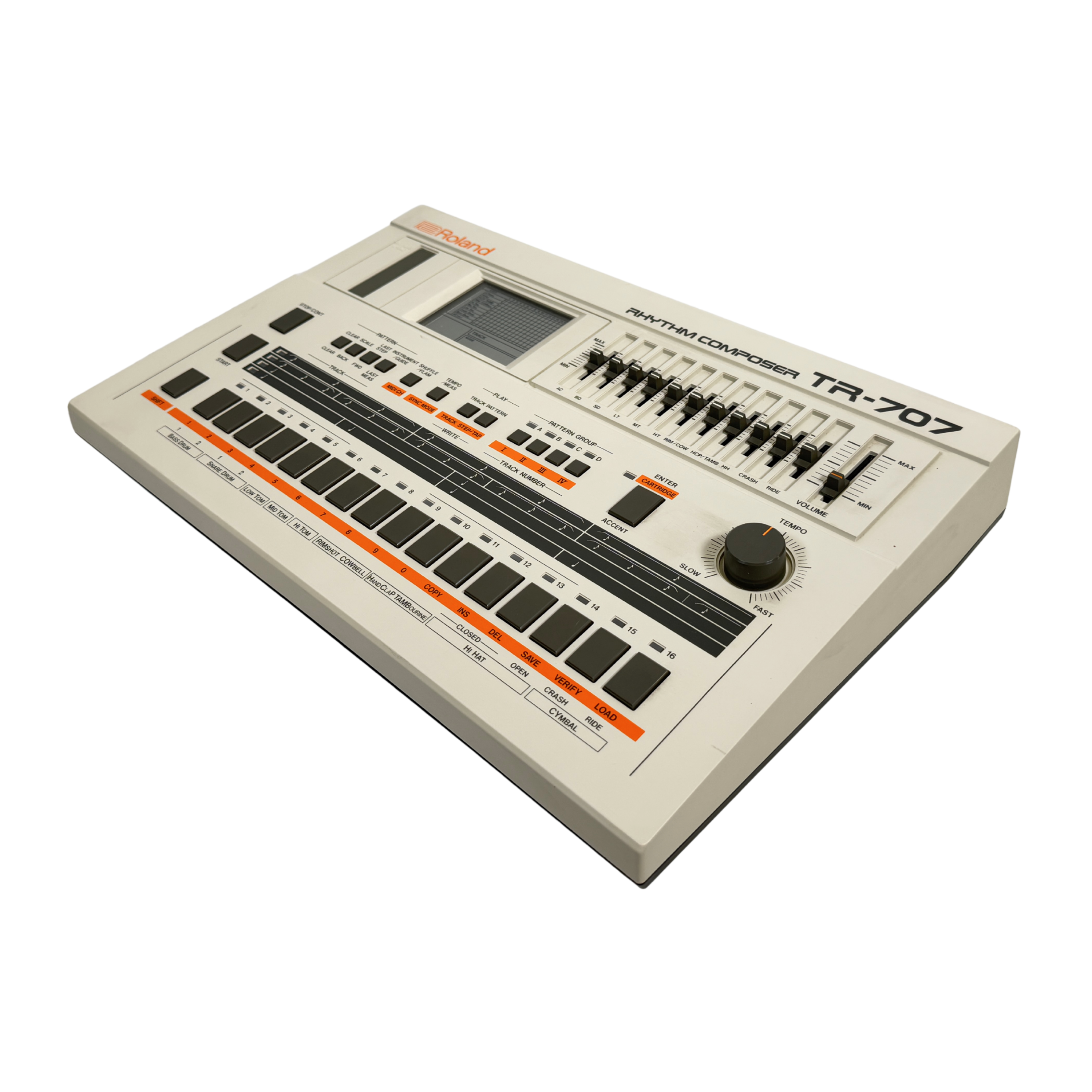 A vintage Roland TRS-707 Synthesizer shown at an angle on a plain white background. The device has an off-white plastic body with black buttons, orange accent lines, and a small screen.