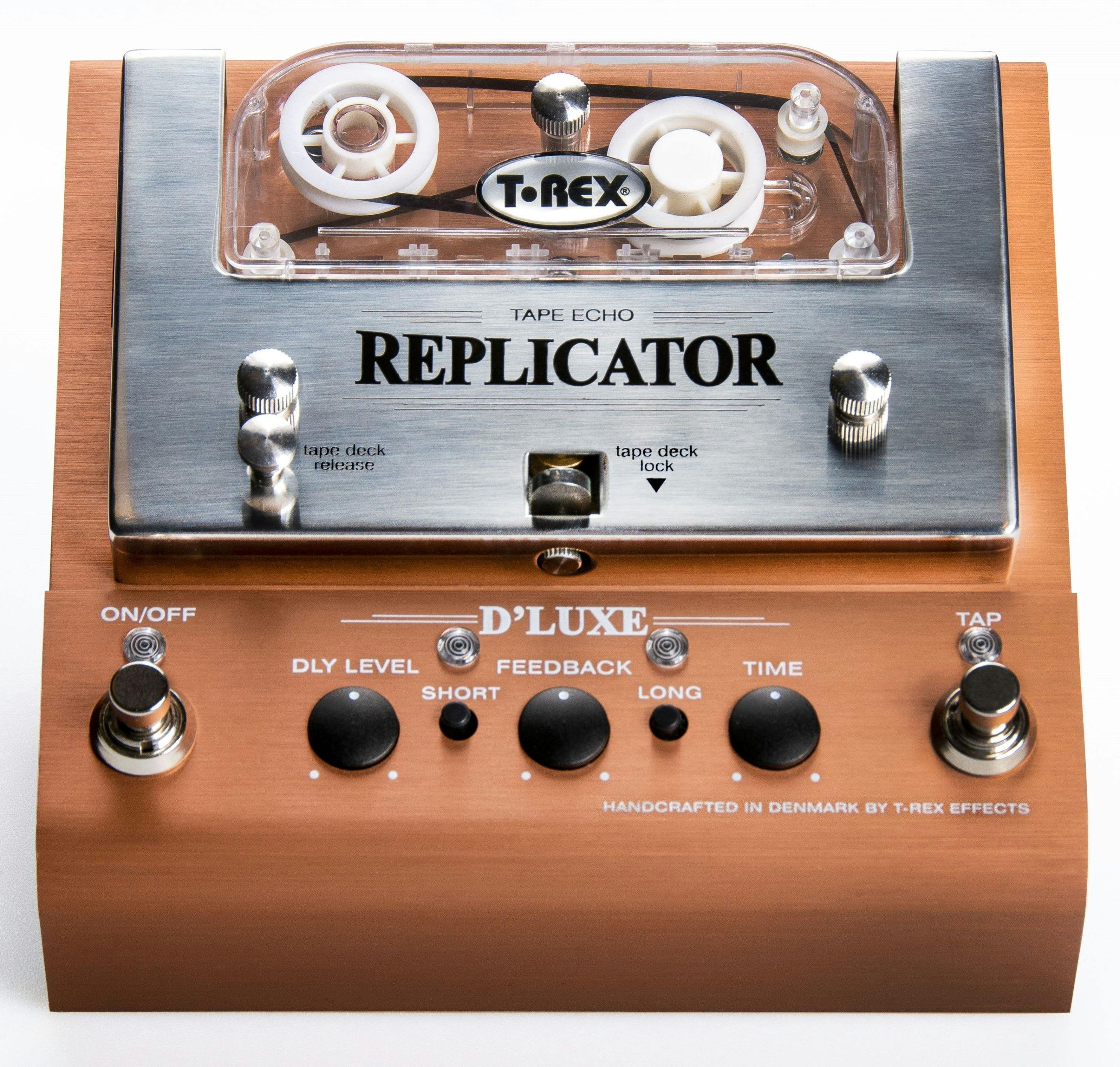 T-Rex Replicator tape echo effects pedal with bronze casing on a white background