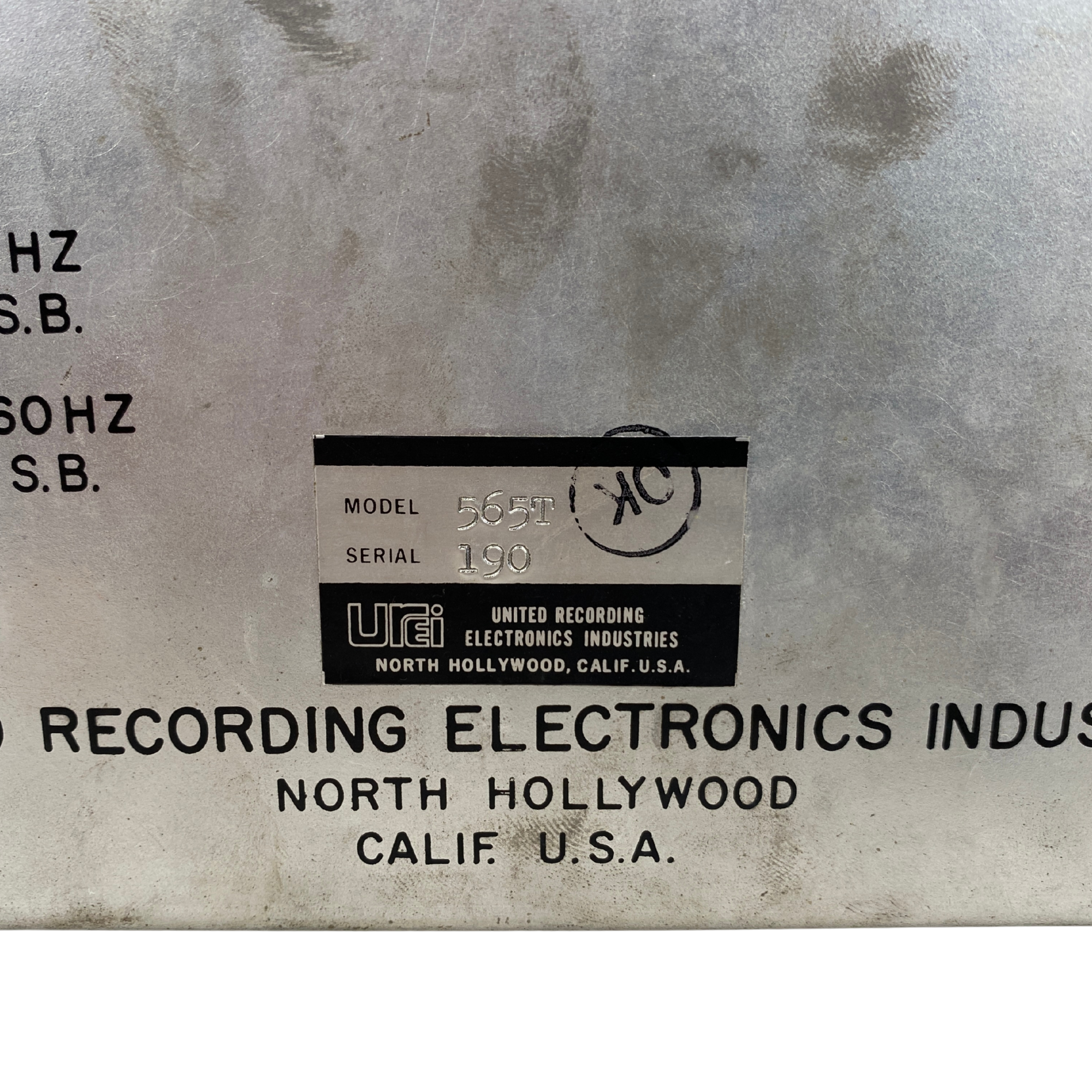 Vintage electronic equipment label with 'United Recording Electronics Industries' branding.