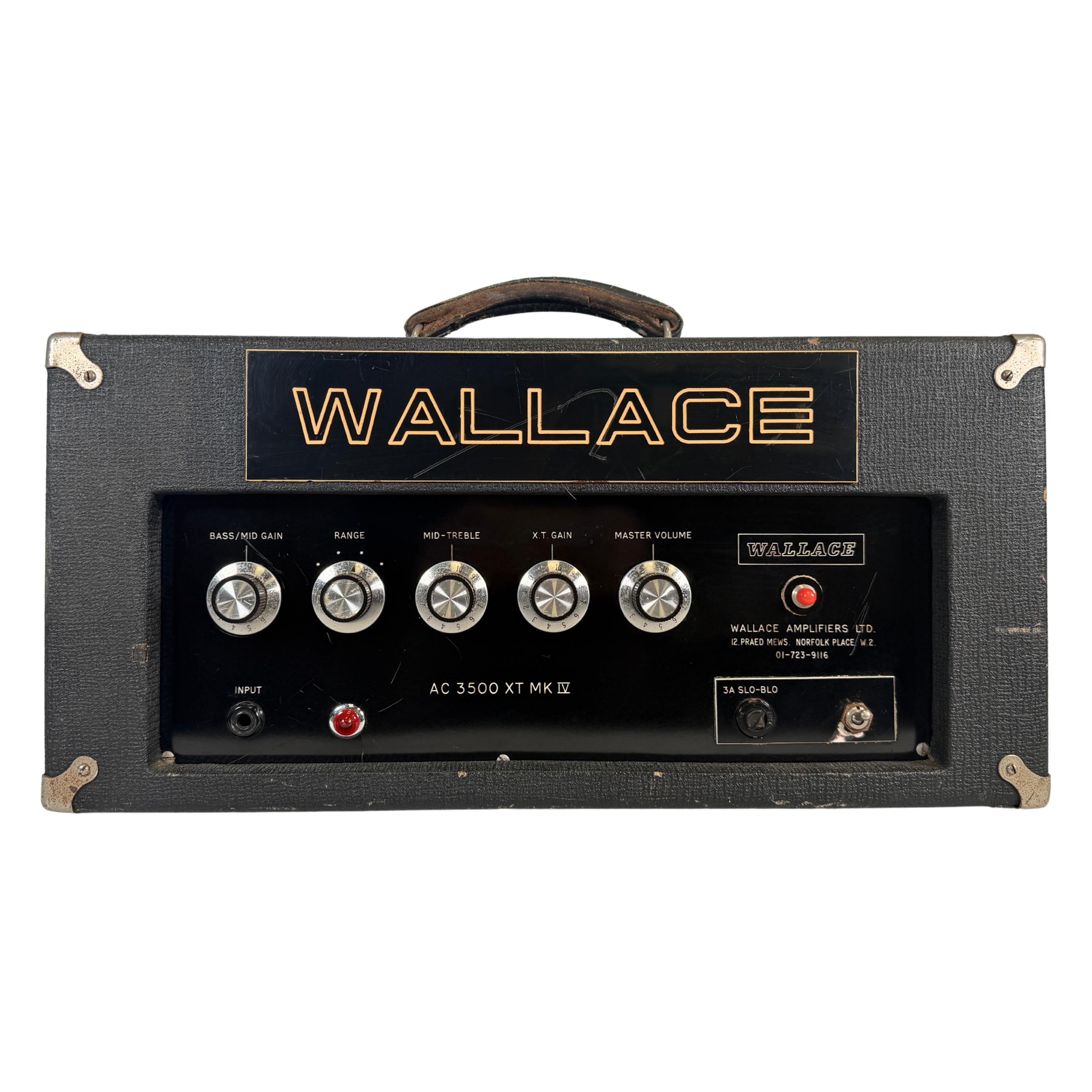 A vintage Wallace AC 3500 XT-MK II guitar amplifier head, featuring a black textured cabinet, a black front panel with five silver control knobs, and a black top label with gold 'WALLACE' lettering.