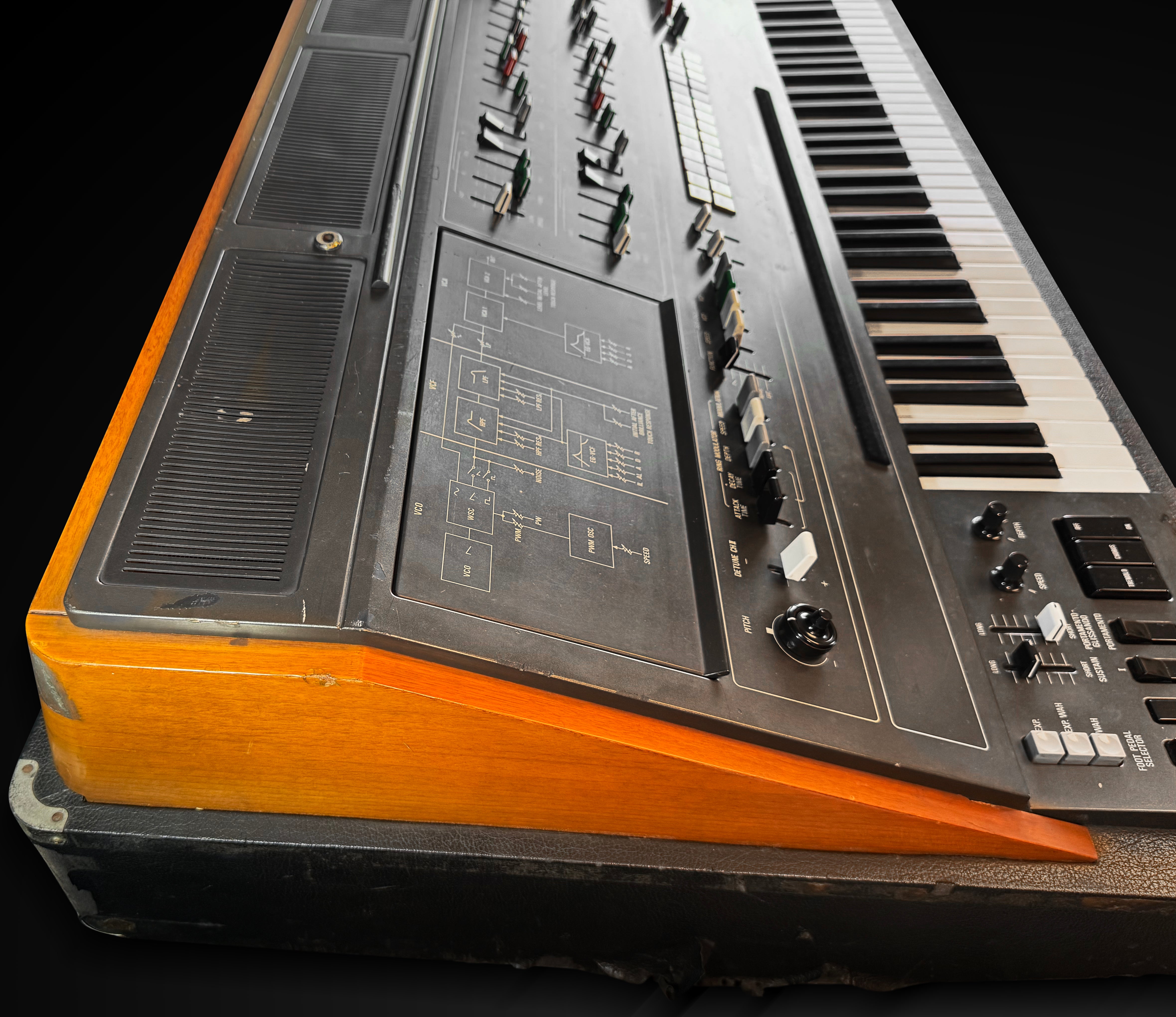 Vintage synthesizer with wooden casing and black control panel on a black background
