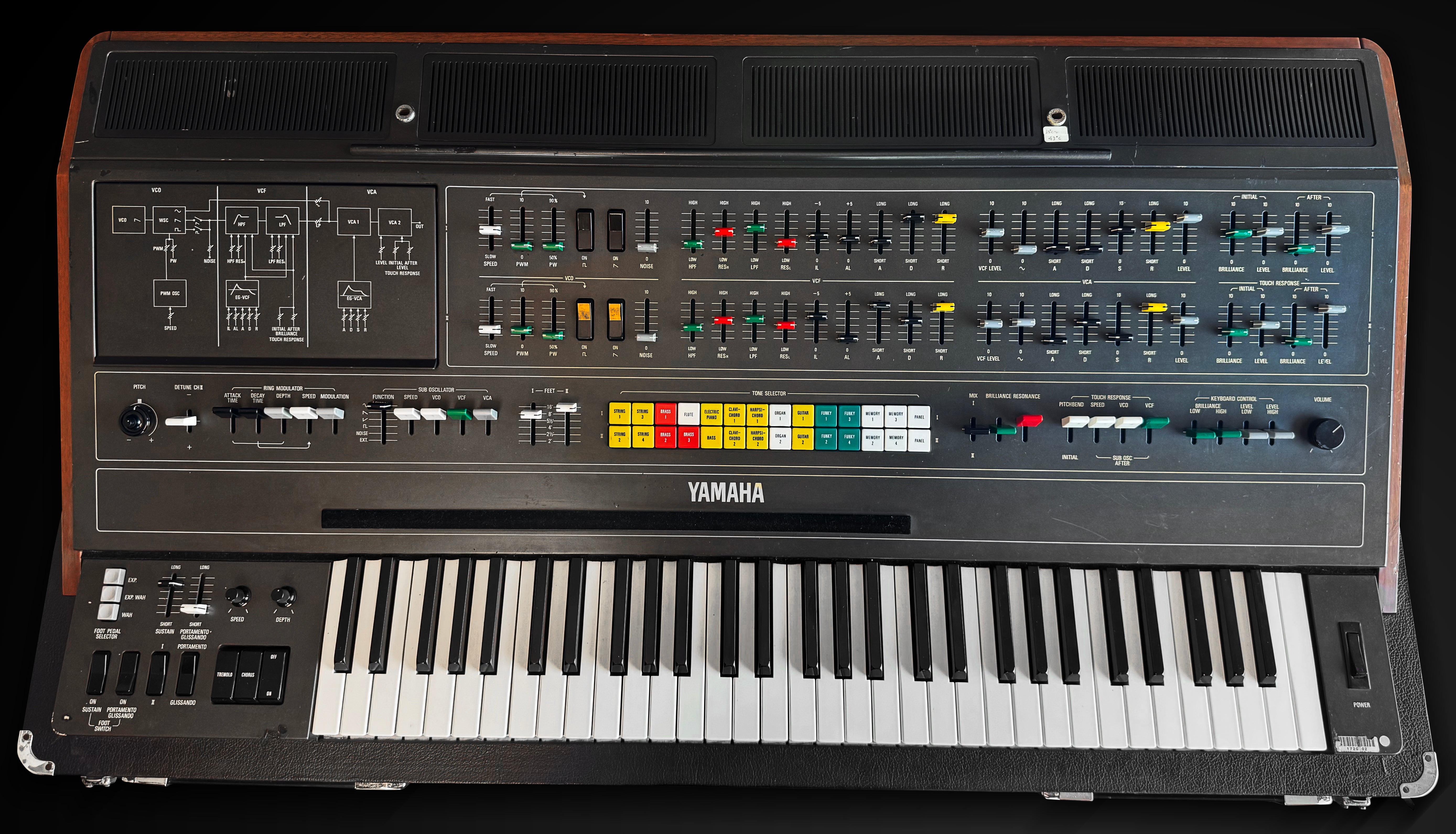 Yamaha keyboard synthesizer with control panel on a black background